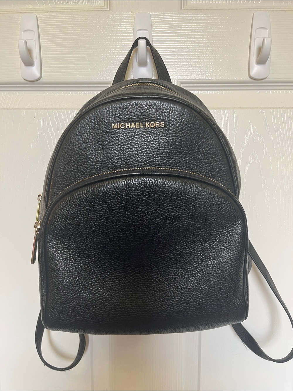Michael Kors Abbey Black Pebbled Leather Medium Backpack with Gold Hardware